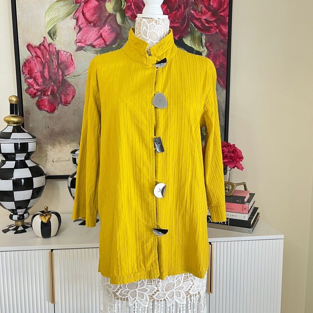 Ali Miles Women's 3/4 Sleeve Textured Tunic Button Front Shirt Yellow Large